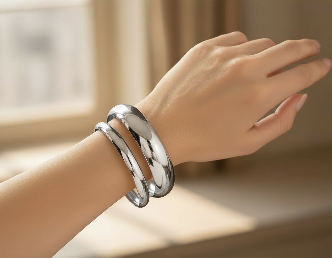 Agathe - Double joncs argentés acier inoxydable